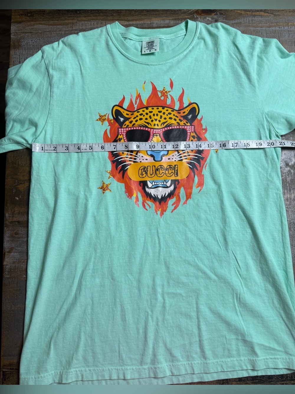 Comfort Colors Mint Green Short Sleeve Tee with Flaming Leopard Graphic - Picture 5 of 6